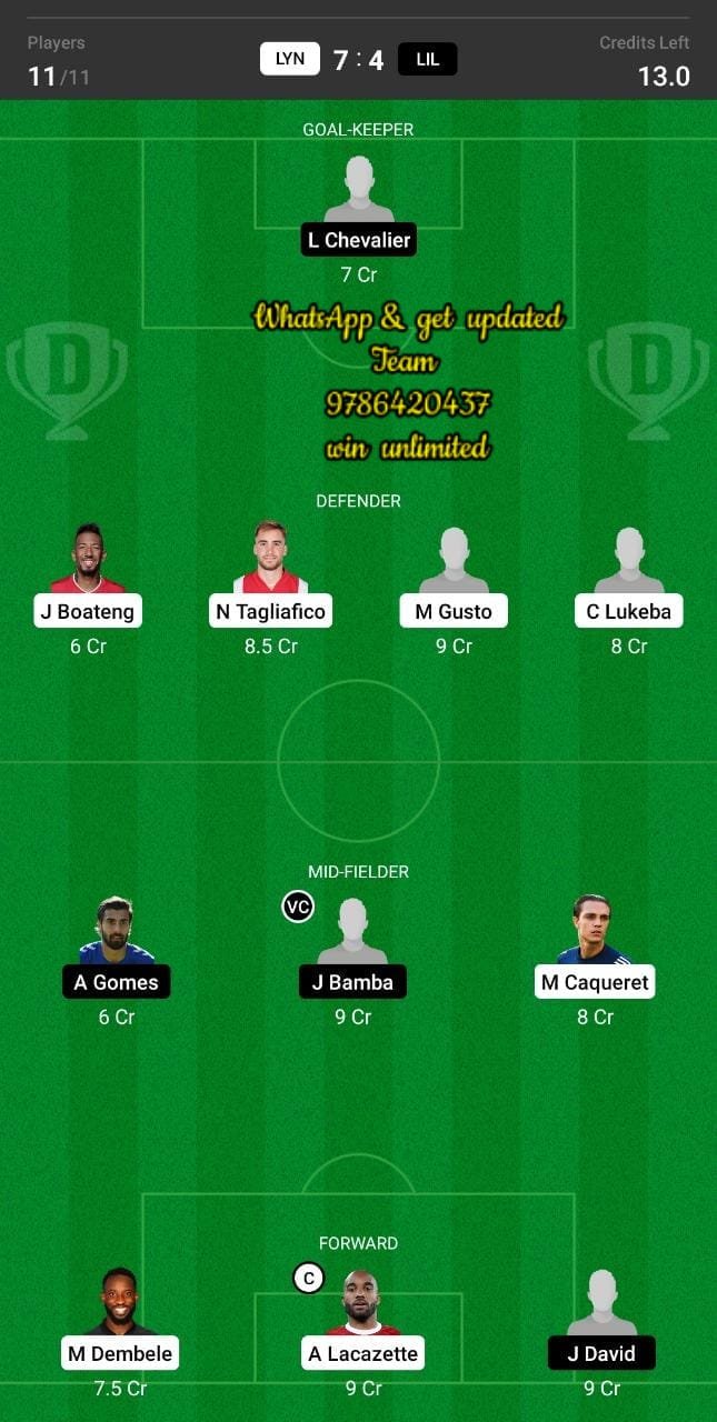 LYN vs LIL Dream11 Team fantasy Prediction Ligue 1