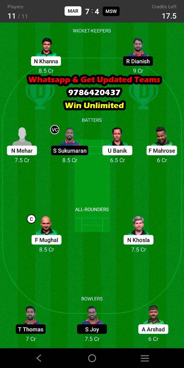 MAR vs MSW 19th Match Dream11 Team fantasy Prediction FanCode ECS T10 - Malta