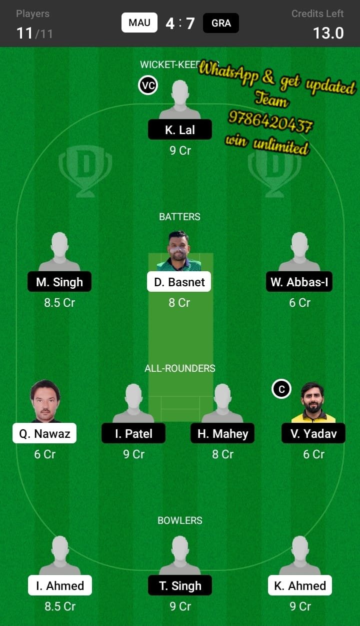 MAU vs GRA 7th Match Dream11 Team fantasy Prediction FanCode ECT10 Spain