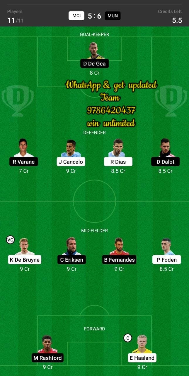 MCI vs MUN Dream11 Team fantasy Prediction Premier League