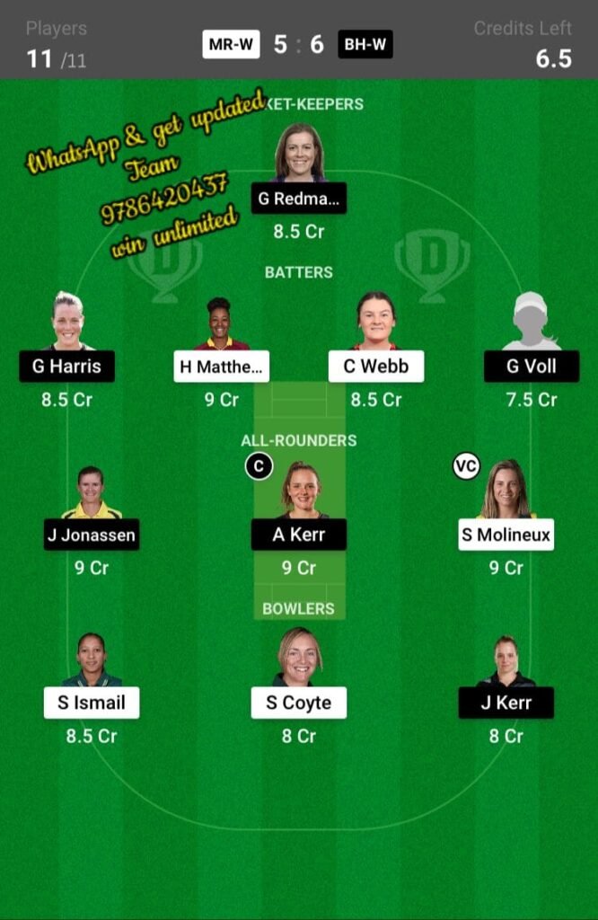 MR-W Vs BH-W 12th Match Dream11 Team Fantasy Prediction: Weber WBBL T20