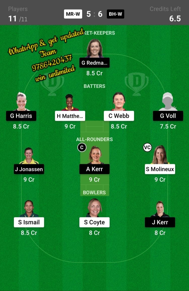 MR-W vs BH-W 12th Match Dream11 Team fantasy Prediction Weber WBBL T20