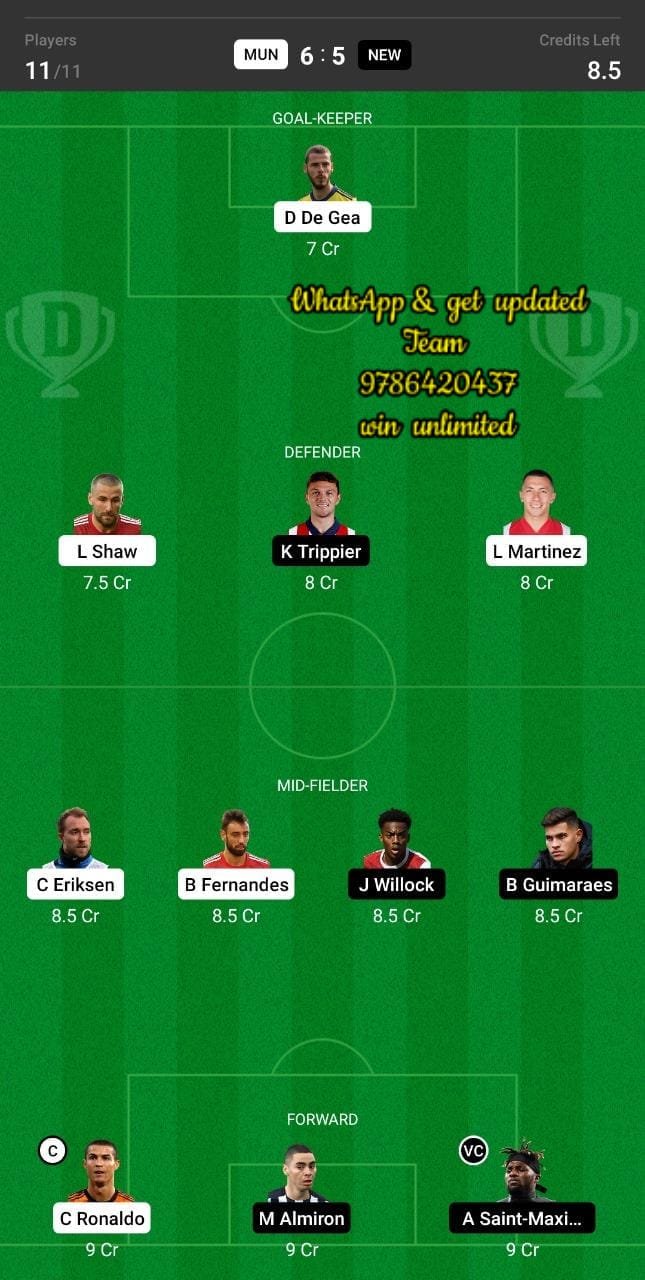 MUN vs NEW Dream11 Team fantasy Prediction Premier League