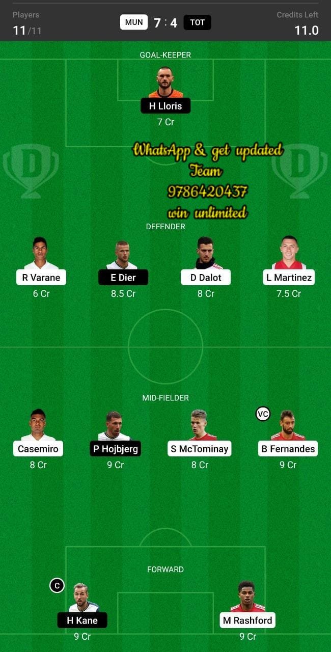 MUN vs TOT Dream11 Team fantasy Prediction Premier League