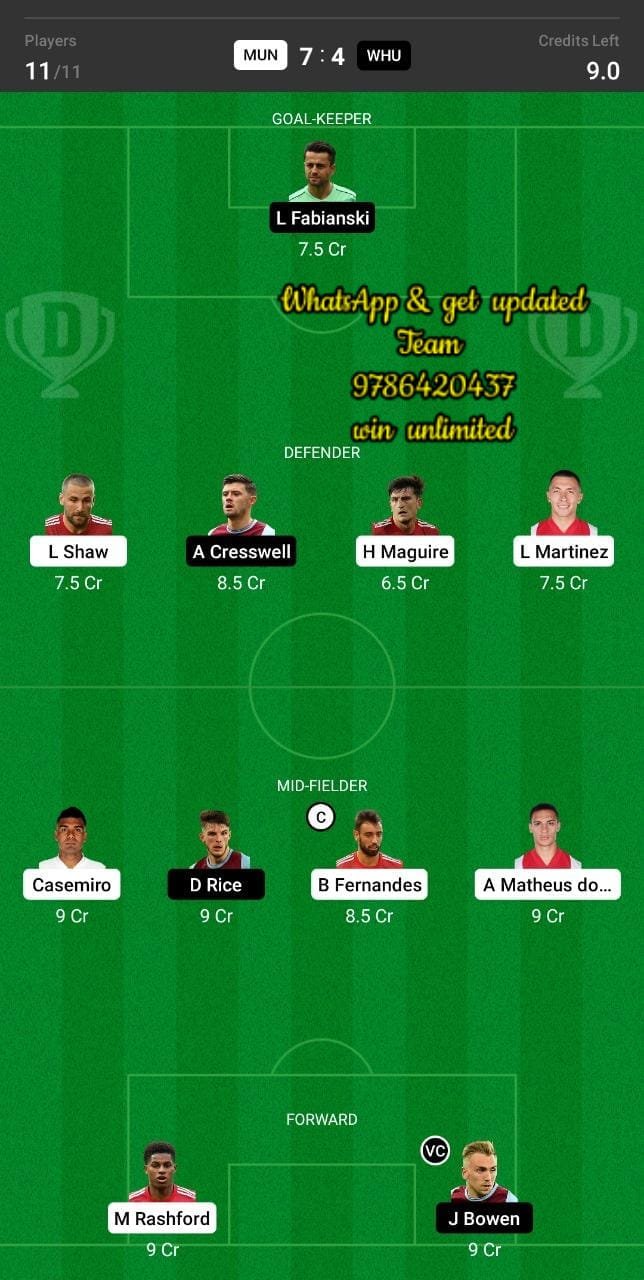 MUN vs WHU Dream11 Team fantasy Prediction Premier League