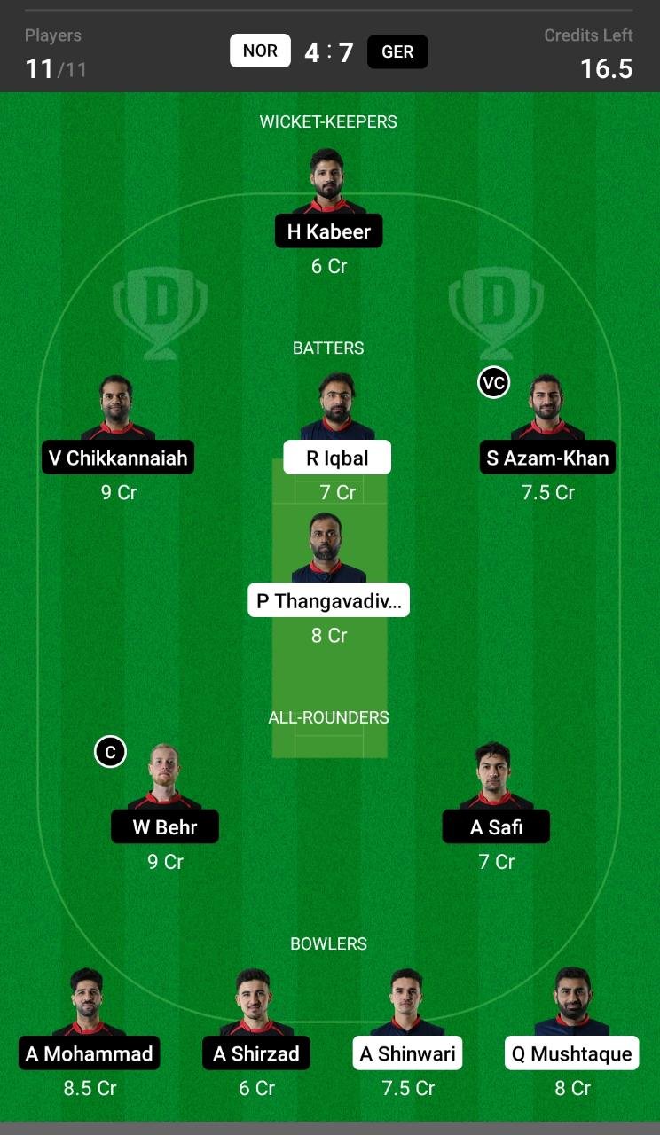 NOR vs GER 20th Match Dream11 Team fantasy Prediction Dream11 ECC - International T10