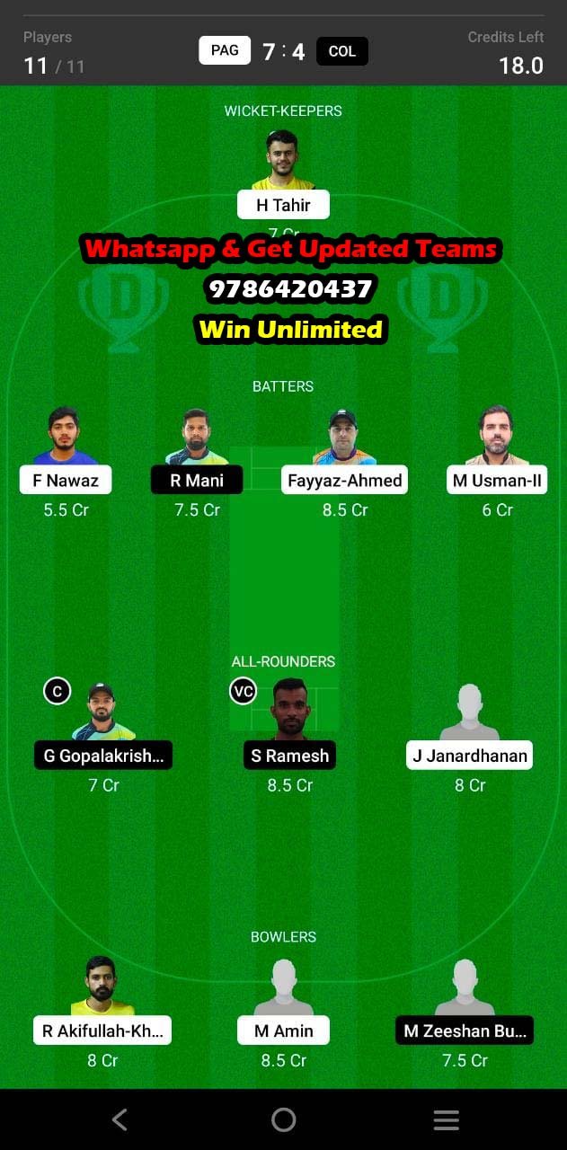 PAG vs COL 4th Match Dream11 Team fantasy Prediction Dubai D10 Division 1