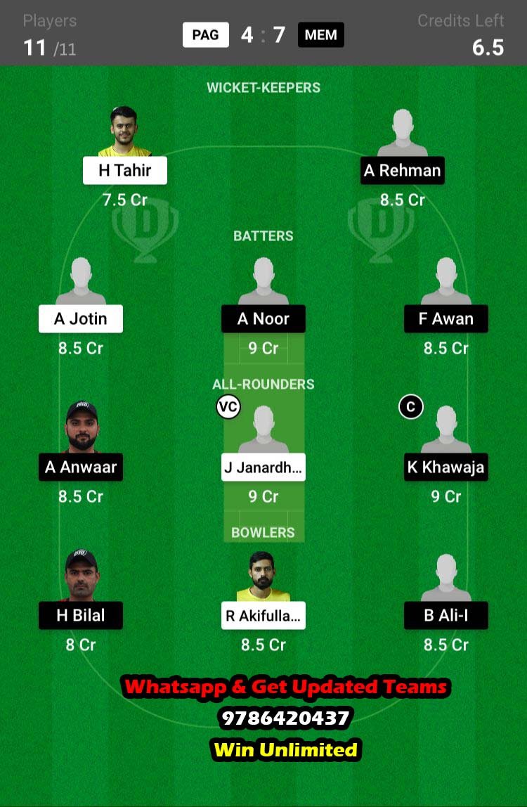 PAG vs MEM 12th Match Dream11 Team fantasy Prediction ICCA Arabian T20 League