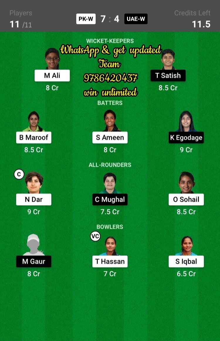 PAK-W vs UAE-W 17th Match Dream11 Team fantasy Prediction Women's Asia Cup T20