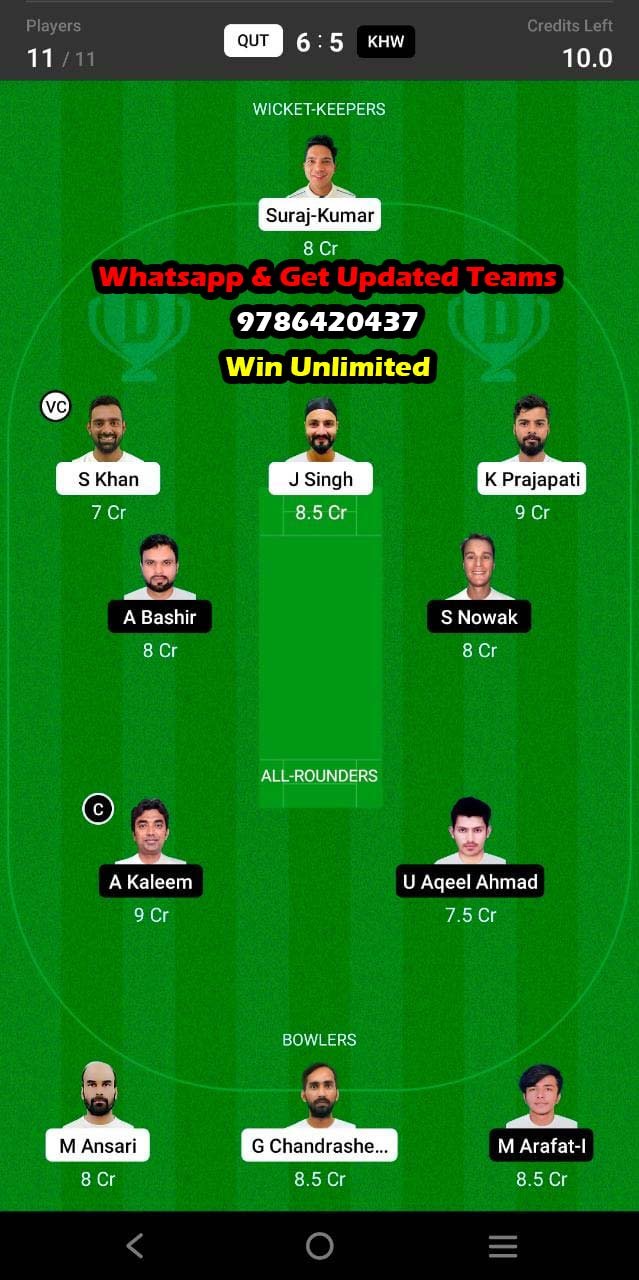 QUT vs KHW 10th Match Dream11 Team fantasy Prediction Oman D10