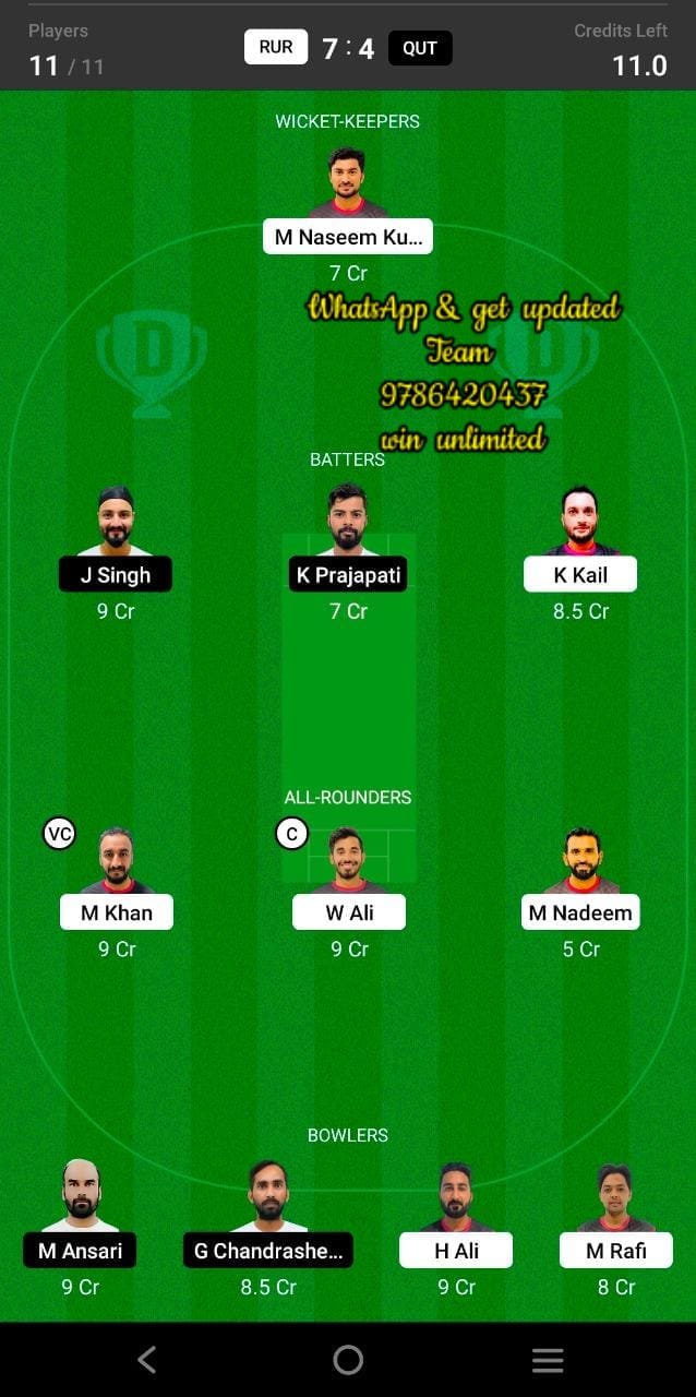 RUR vs QUT 37th Match Dream11 Team fantasy Prediction Oman D10