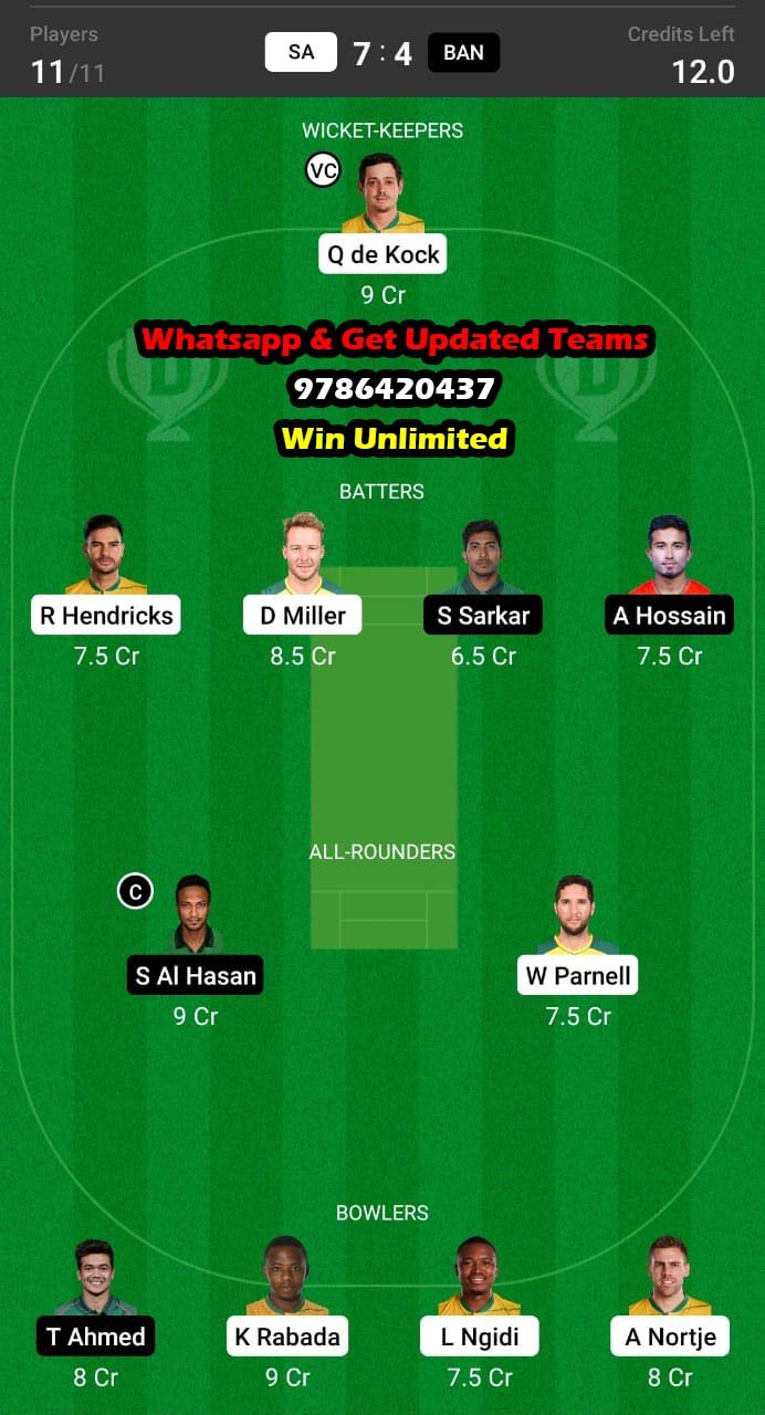 SA vs BAN 22nd Match Dream11 Team fantasy Prediction ICC Men's T20 World Cup