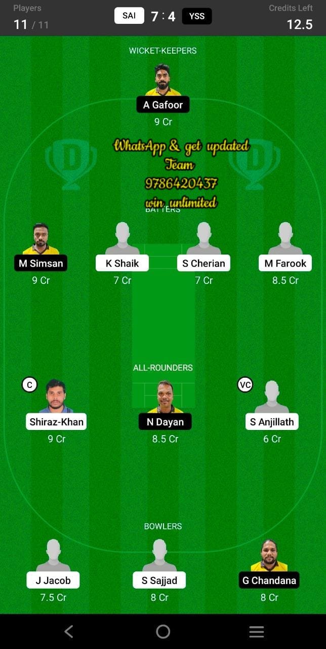 SAI vs YSS 42nd Match Dream11 Team fantasy Prediction KCC T-20 Elite Championship