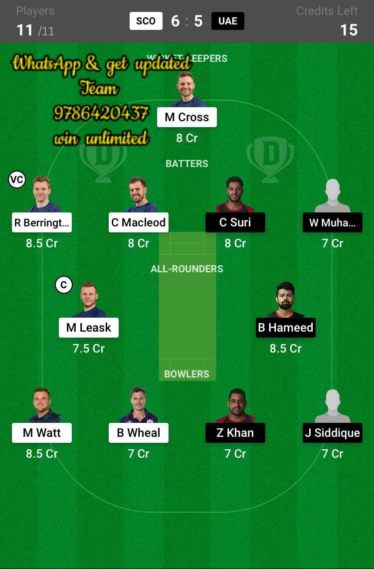 SCO vs UAE 8th Match Dream11 Team fantasy Prediction World Cup T20 Warms-up