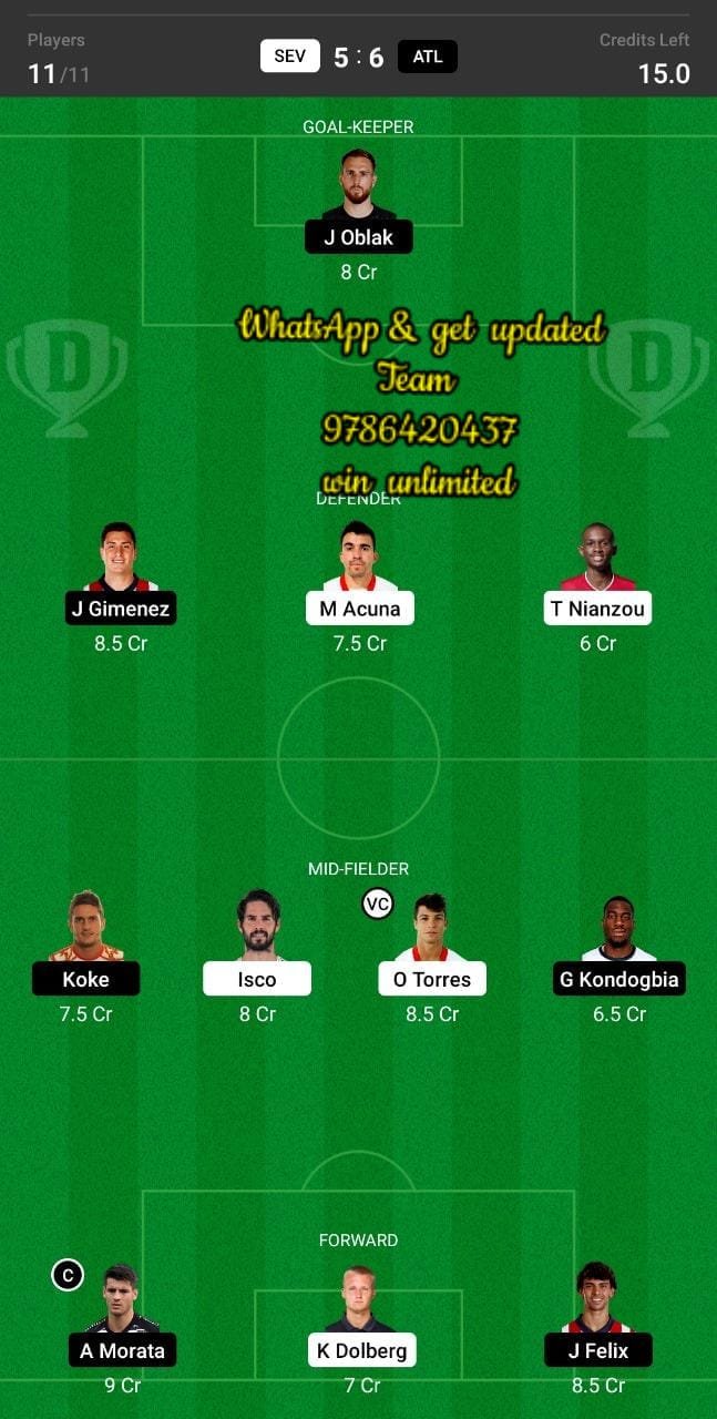 SEV vs ATL Dream11 Team fantasy Prediction La Liga