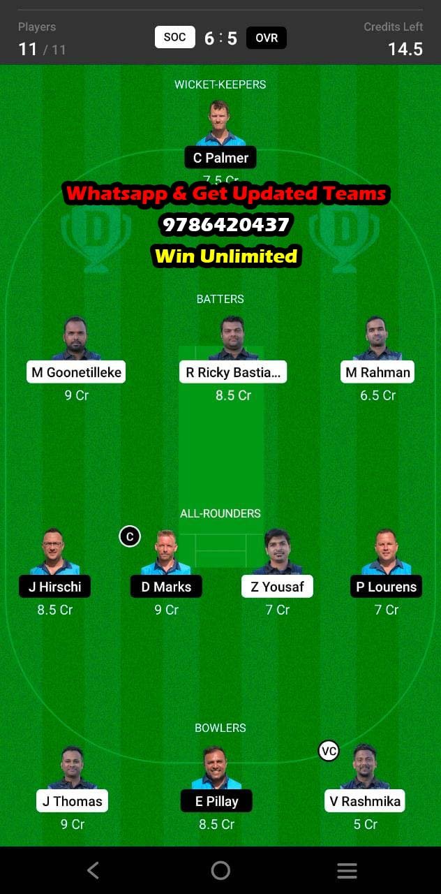 SOC vs OVR 29th Match Dream11 Team fantasy Prediction FanCode ECS T10 - Malta