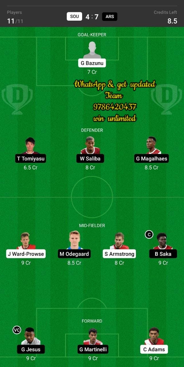 SOU vs ARS Dream11 Team fantasy Prediction Premier League