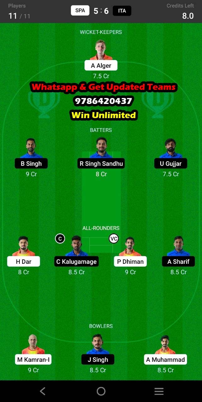 SPA vs ITA 3rd Match Dream11 Team fantasy Prediction Dream11 ECC International T10