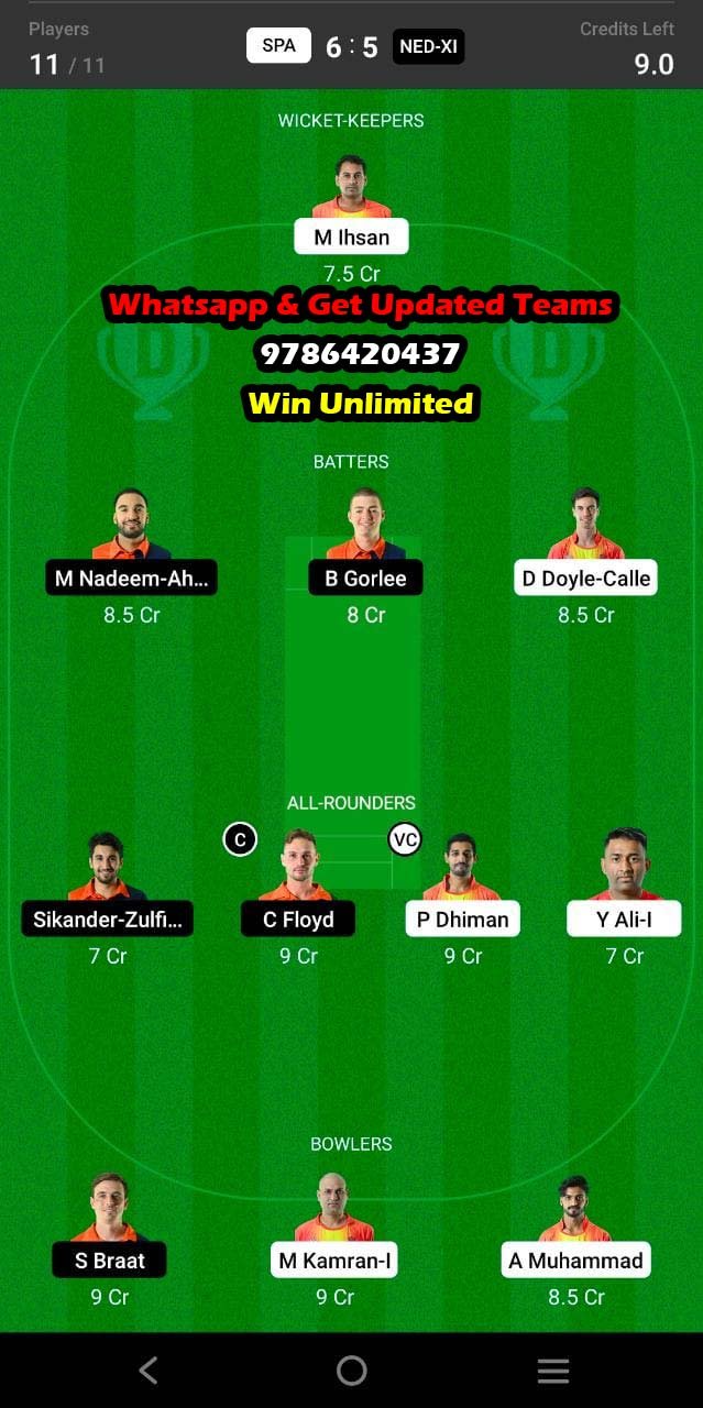 SPA vs NED-XI 15th Match Dream11 Team fantasy Prediction Dream11 ECC International T10