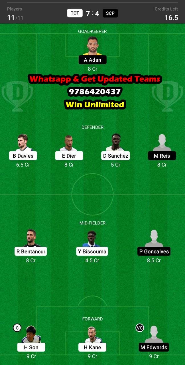 TOT vs SCP Dream11 Team fantasy Prediction UEFA Champions League