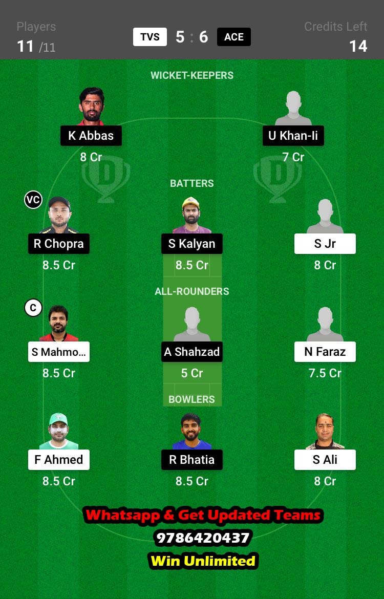 TVS vs ACE 10th Match Dream11 Team fantasy Prediction CBFS T20 League