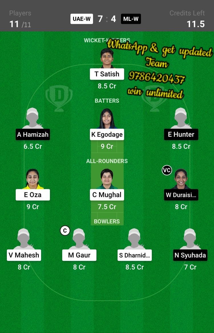 UAE-W vs ML-W 9th Match Dream11 Team fantasy Prediction Women's Asia Cup T20I