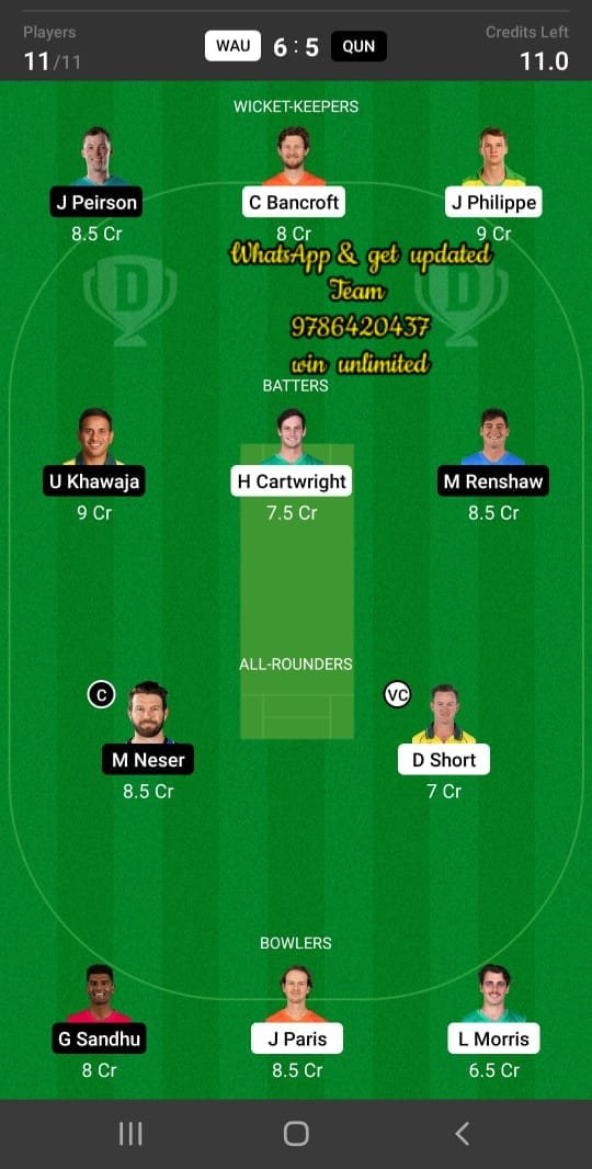 WAU vs QUN 11th Match Dream11 Team fantasy Prediction Australian Domestic Test