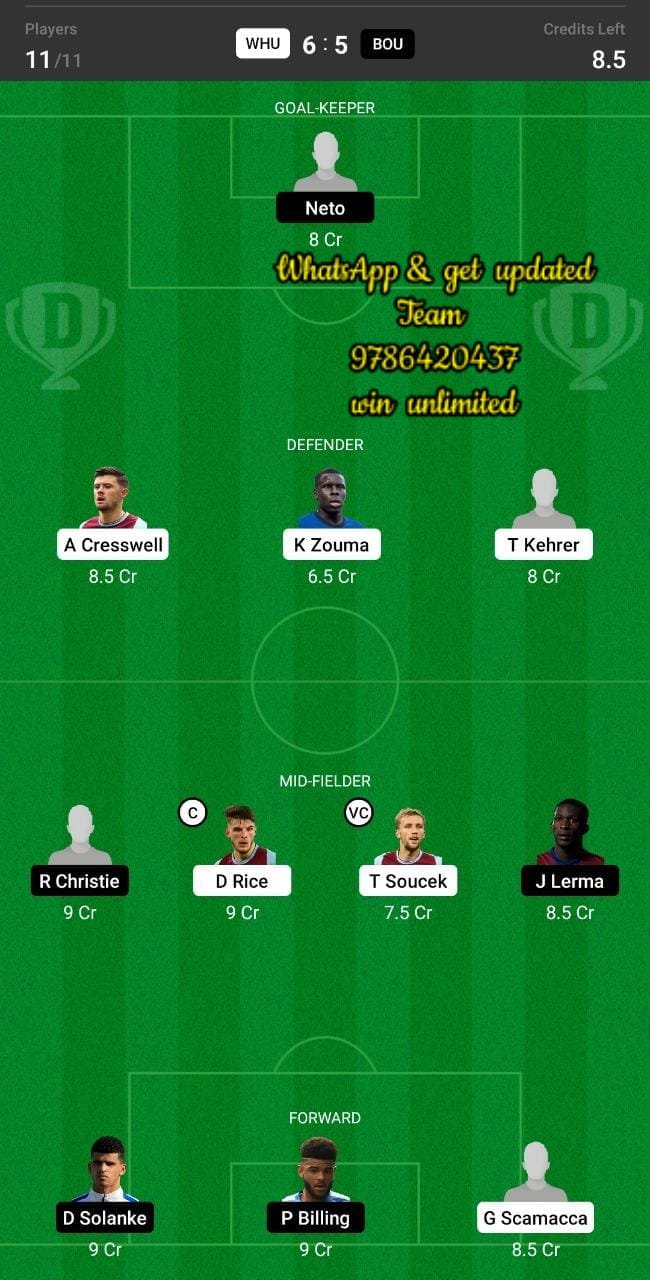 WHU vs BOU Dream11 Team fantasy Prediction Premier League