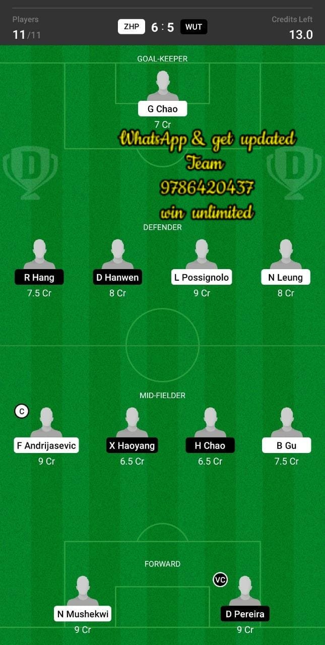 ZHP vs WUT Dream11 Team fantasy Prediction Chinese Super League