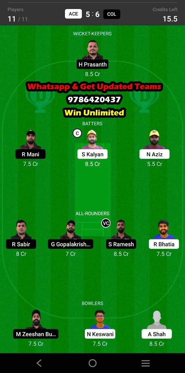 ACE vs COL 14th Match Dream11 Team fantasy Prediction Dubai D10 Division 1