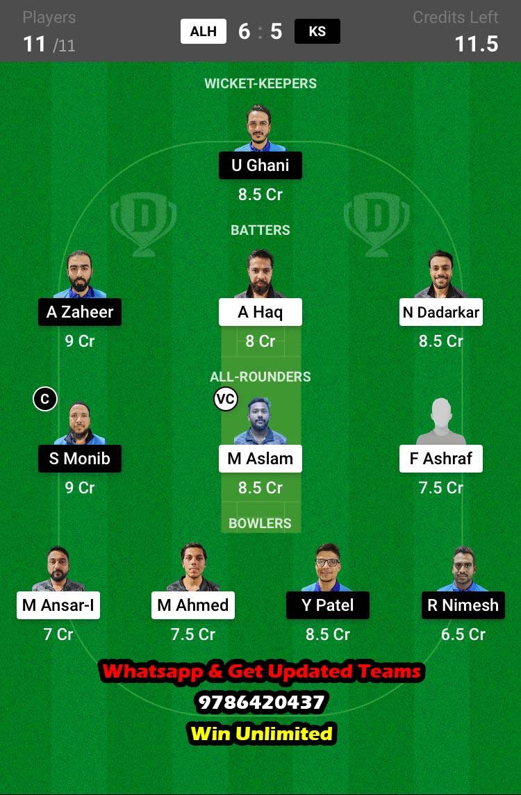 ALH vs KS 45th Match Dream11 Team fantasy Prediction KCC T-20 Elite Championship