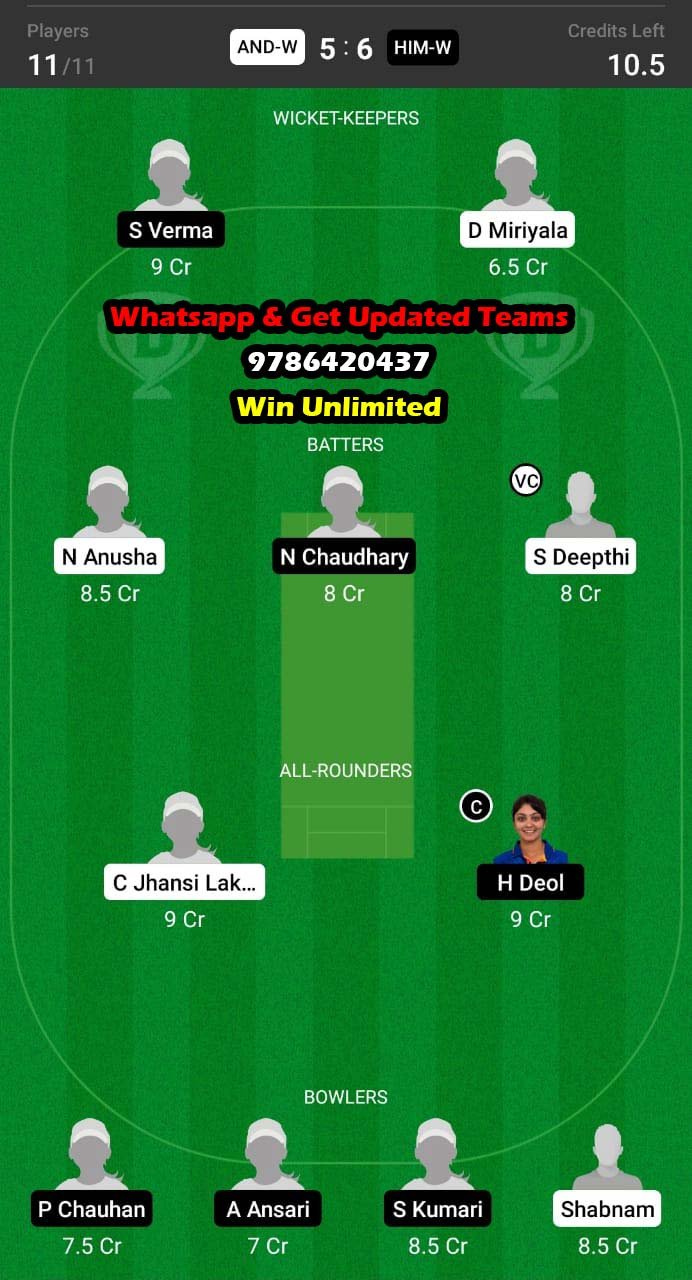 AND-W vs HIM-W 24th Match Dream11 Team fantasy Prediction Senior Women's T20 League