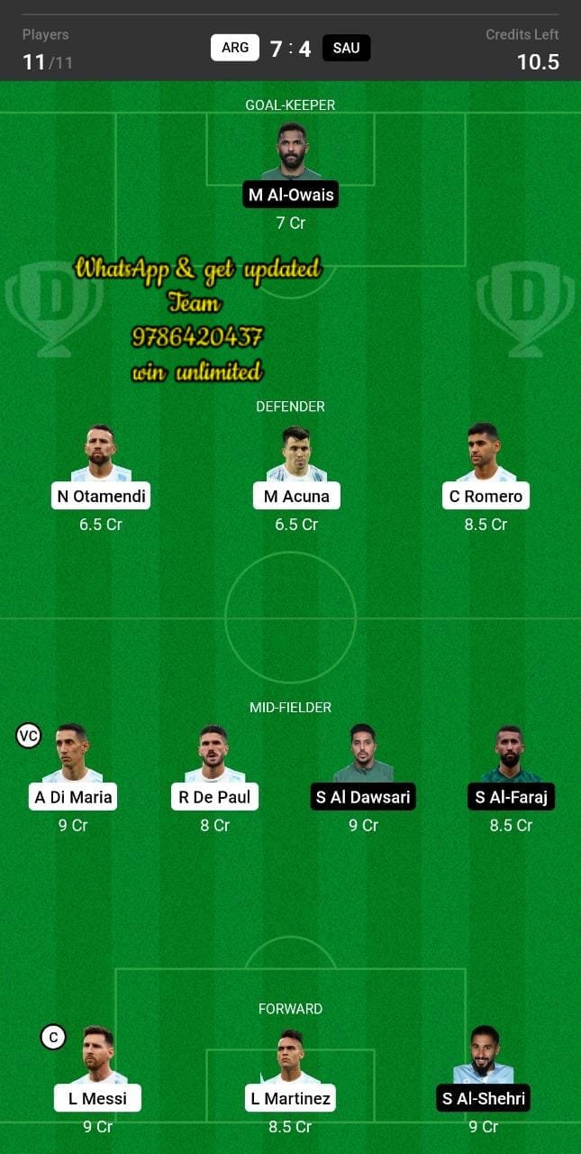 ARG vs SAU Dream11 Team fantasy Prediction Football World Cup