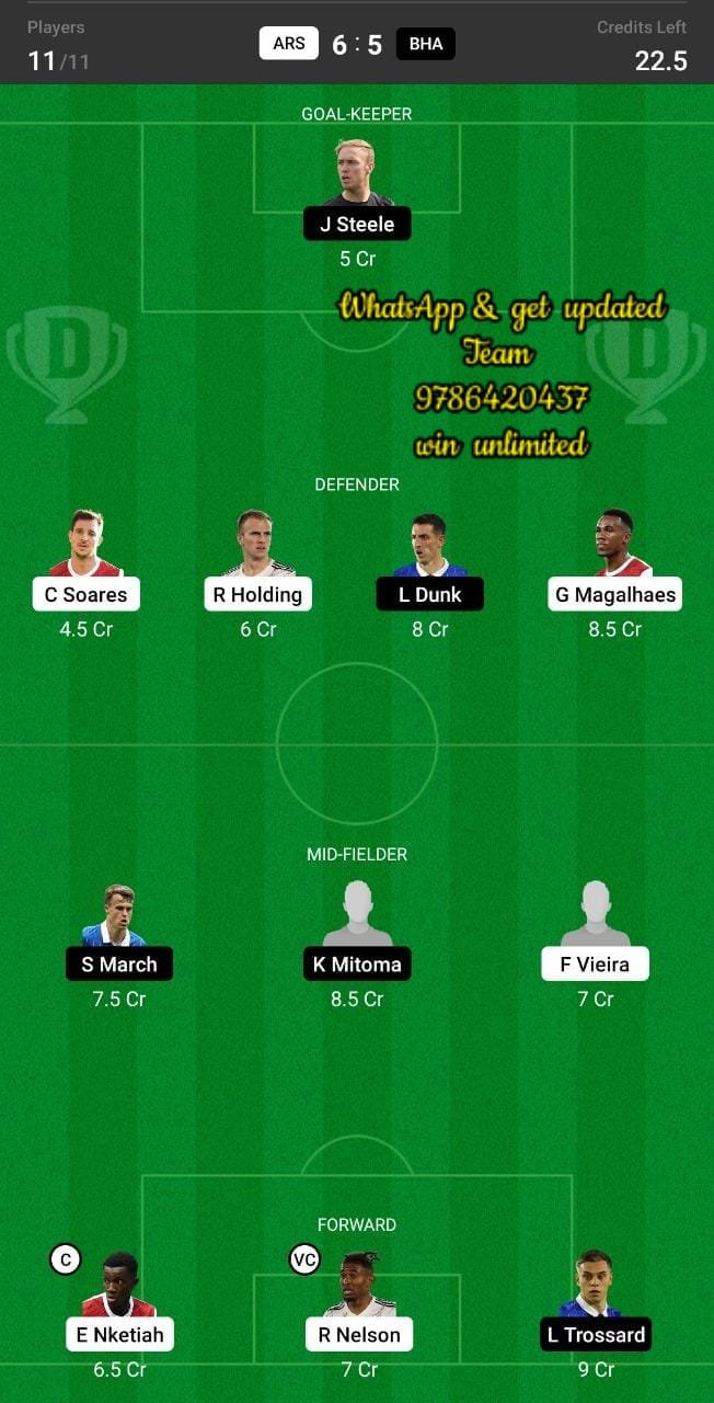 ARS vs BHA Dream11 Team fantasy Prediction English League Cup