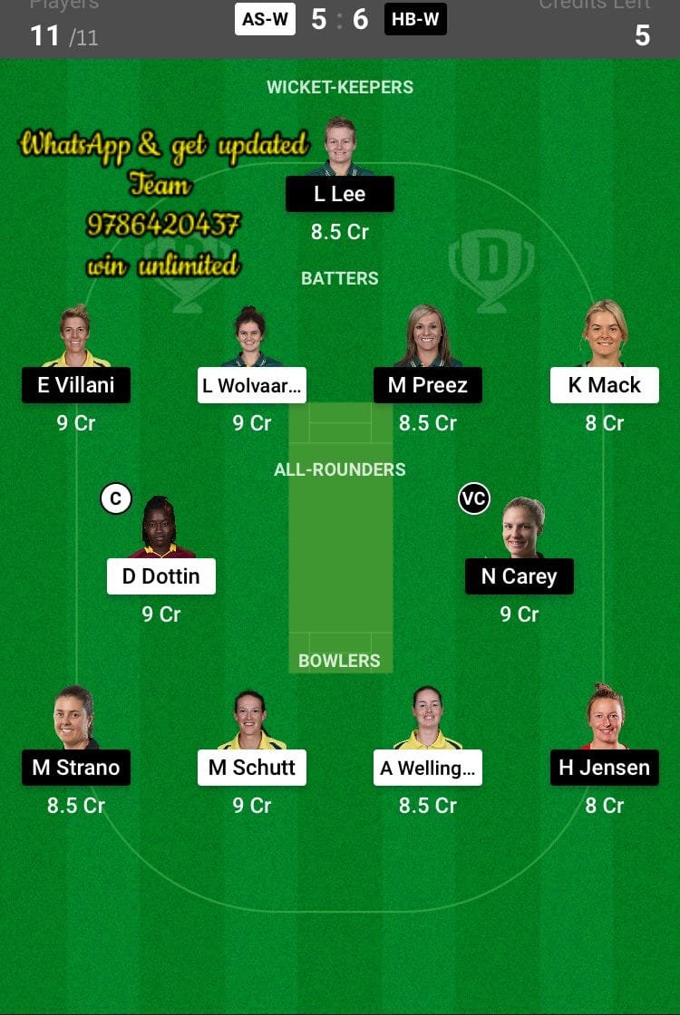 AS-W vs HB-W 50th Match Dream11 Team fantasy Prediction Weber WBBL T20