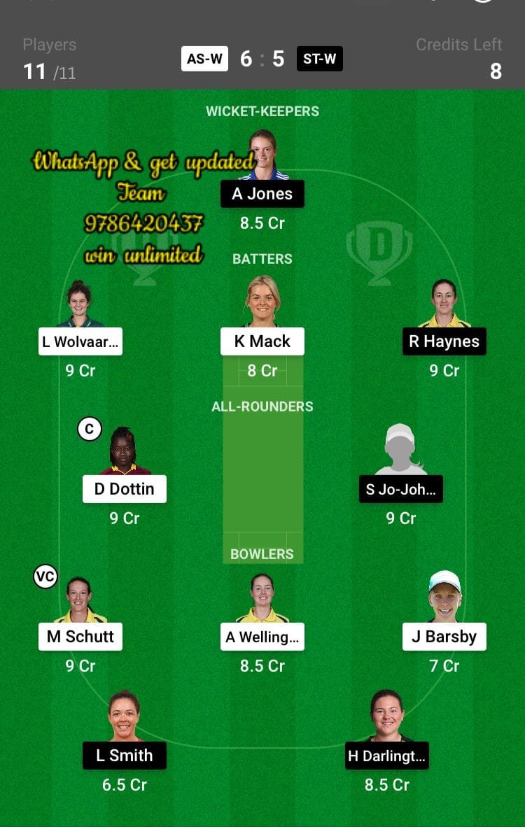 AS-W vs ST-W 44th Match Dream11 Team fantasy Prediction Weber WBBL T20