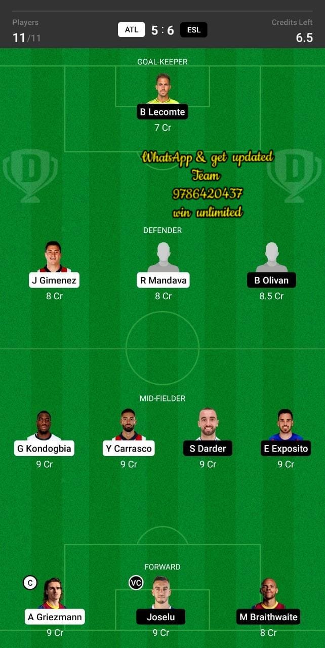 ATL vs ESL Dream11 Team fantasy Prediction La Liga