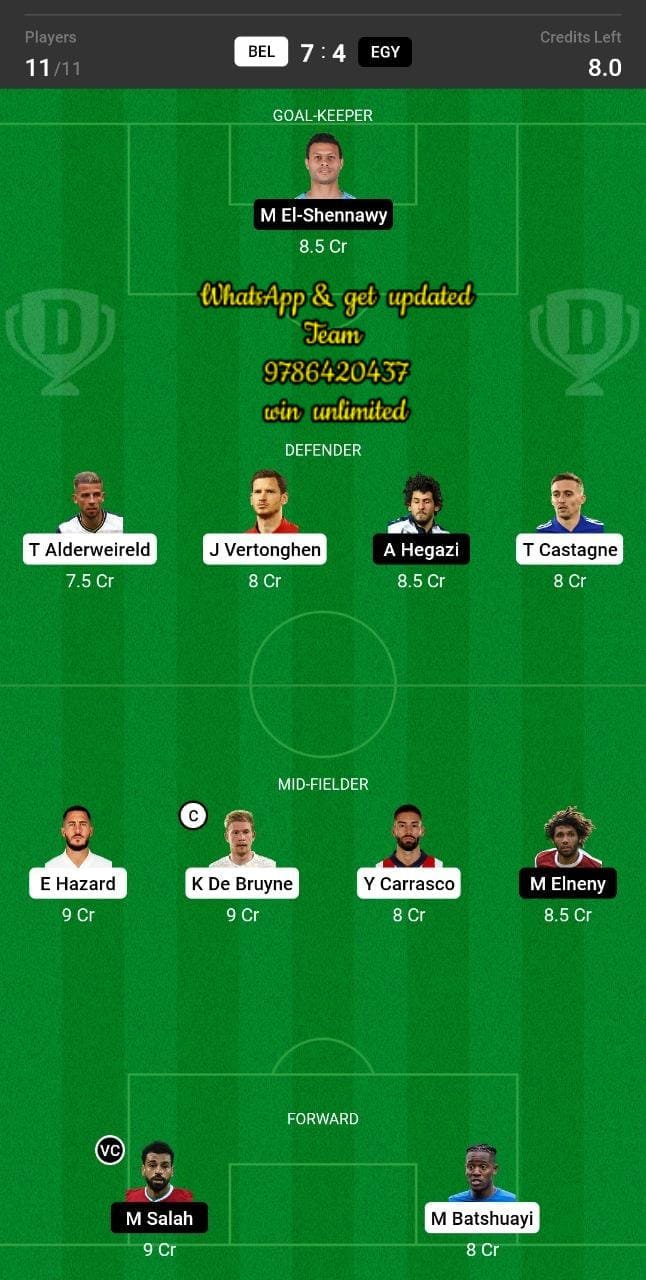 BEL vs EGY Dream11 Team fantasy Prediction International Friendly