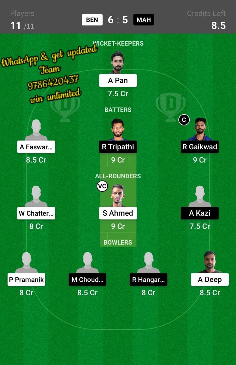 BEN vs MAH 52nd Match Dream11 Team fantasy Prediction Vijay Hazare Trophy