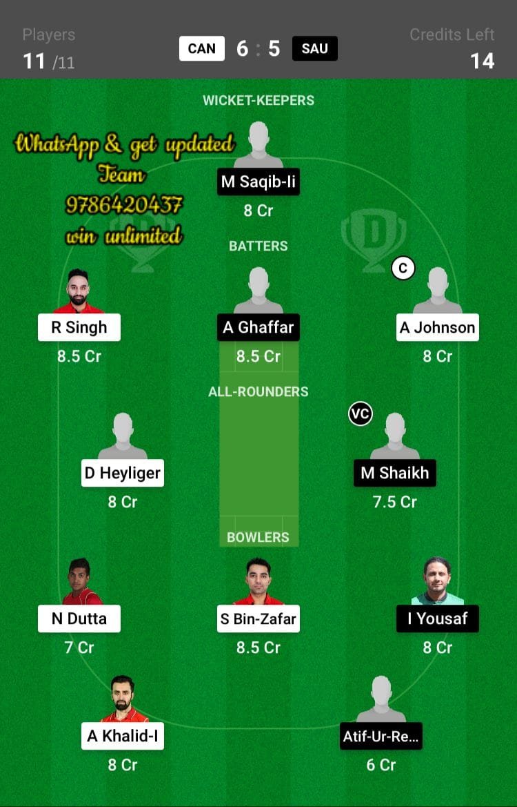 CAN vs SAU 9th Match Dream11 Team fantasy Prediction Desert Cup Quadrangular T20I