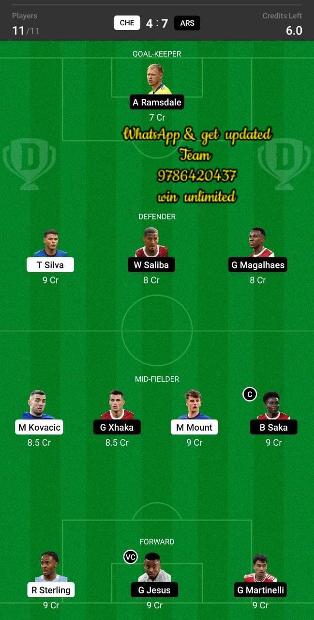 CHE vs ARS Dream11 Team fantasy Prediction Premier League