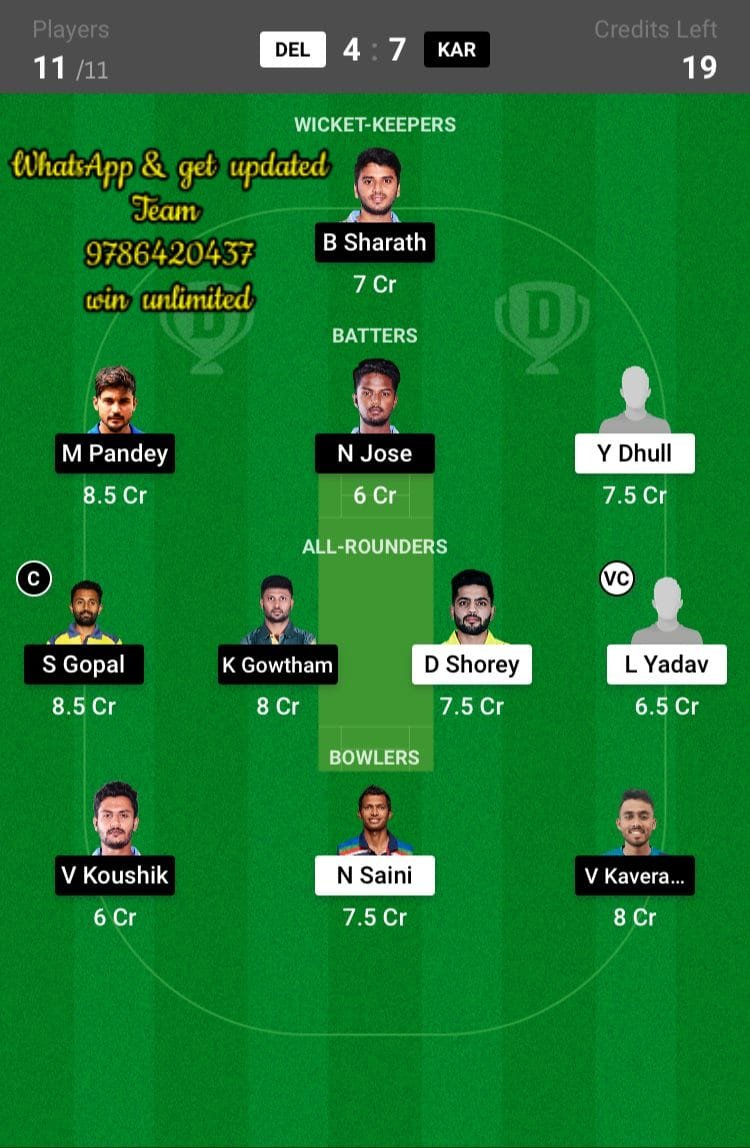 DEL vs KAR 60th Match Dream11 Team fantasy Prediction Vijay Hazare Trophy