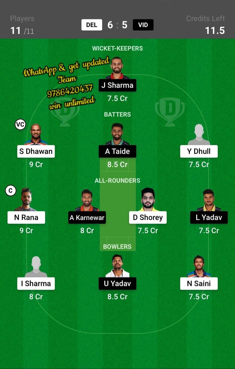 DEL vs VID 18th Match Dream11 Team fantasy Prediction Vijay Hazare Trophy