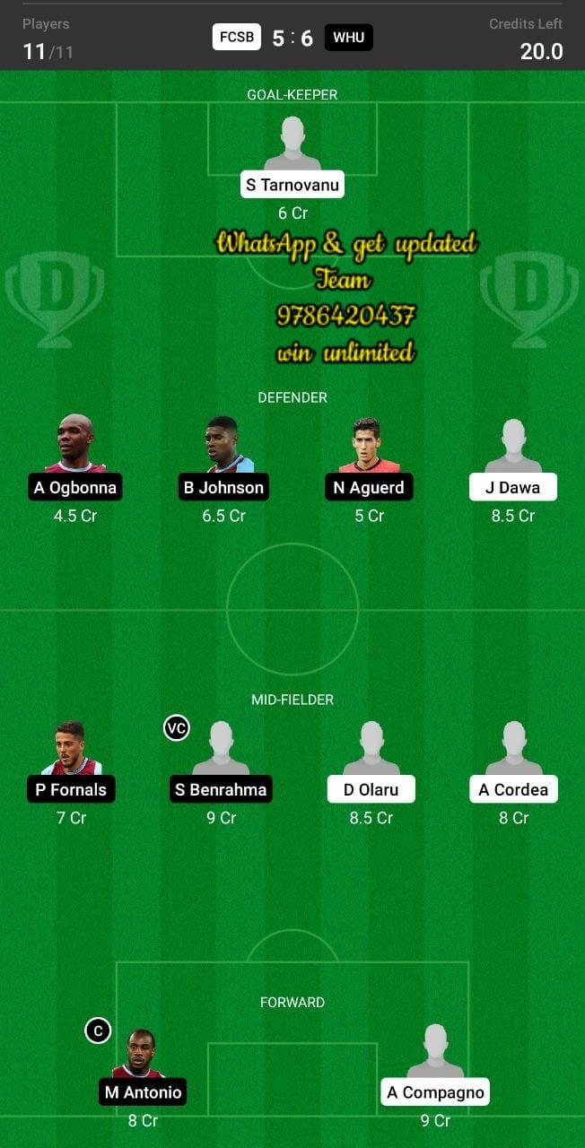 FCSB vs WHU Dream11 Team fantasy Prediction UEFA Europa Conference League