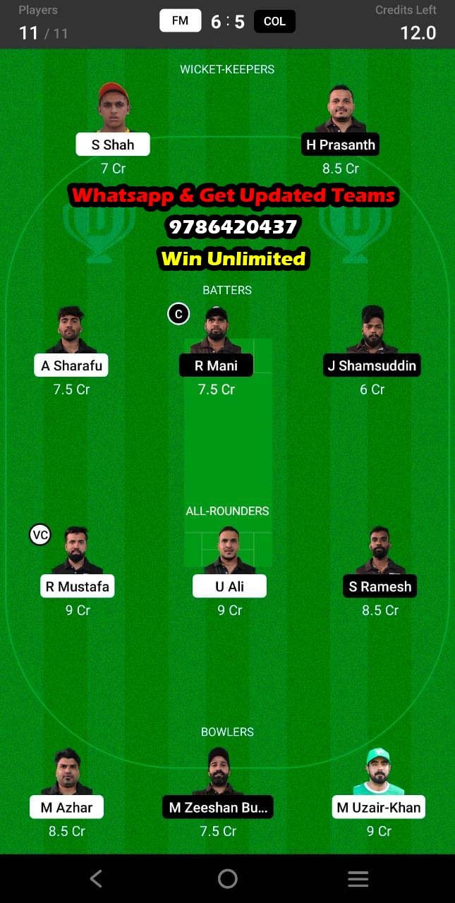 FM vs COL 30th Match Dream11 Team fantasy Prediction Dubai D10 Division 1