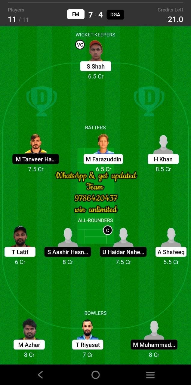 FM vs DGA 46th Match Dream11 Team fantasy Prediction ICCA Arabian T20 League