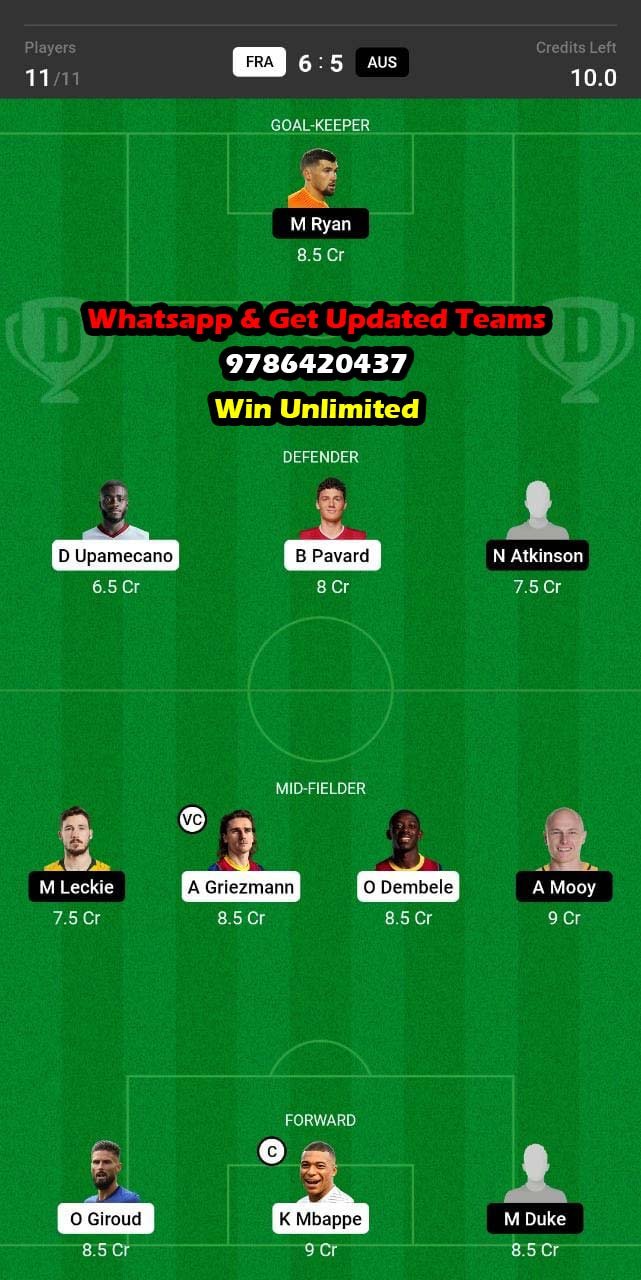 FRA vs AUS Dream11 Team fantasy Prediction Football World Cup