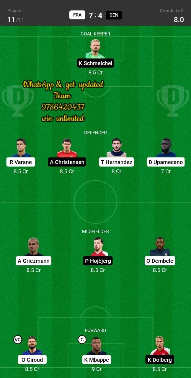 FRA vs DEN Dream11 Team fantasy Prediction Football World Cup