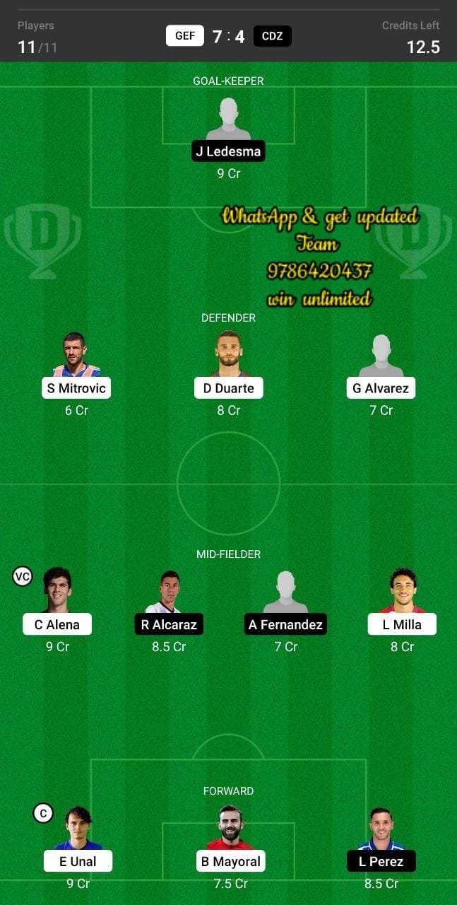 GEF vs CDZ Dream11 Team fantasy Prediction La Liga