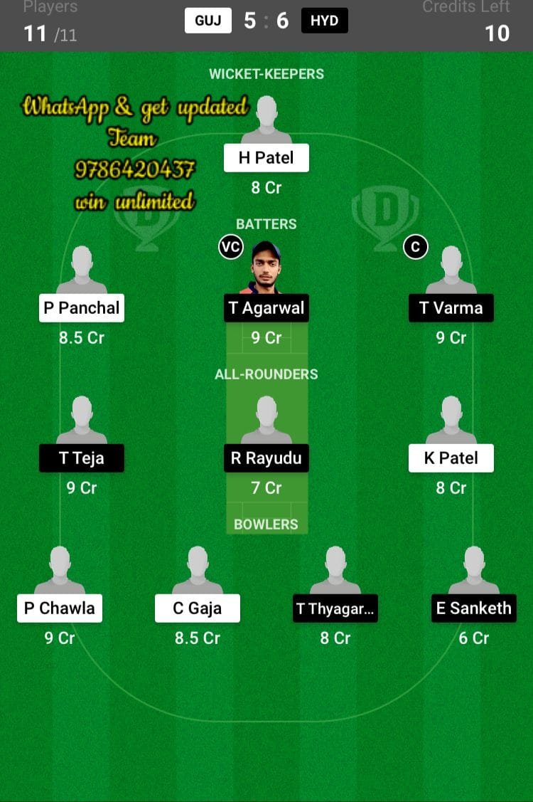 GUJ vs HYD 99th Match Dream11 Team fantasy Prediction Vijay Hazare Trophy